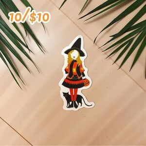 Witch & Black Cat Sticker Cute Halloween Vinyl Decal Small Cozy Planner Sticker